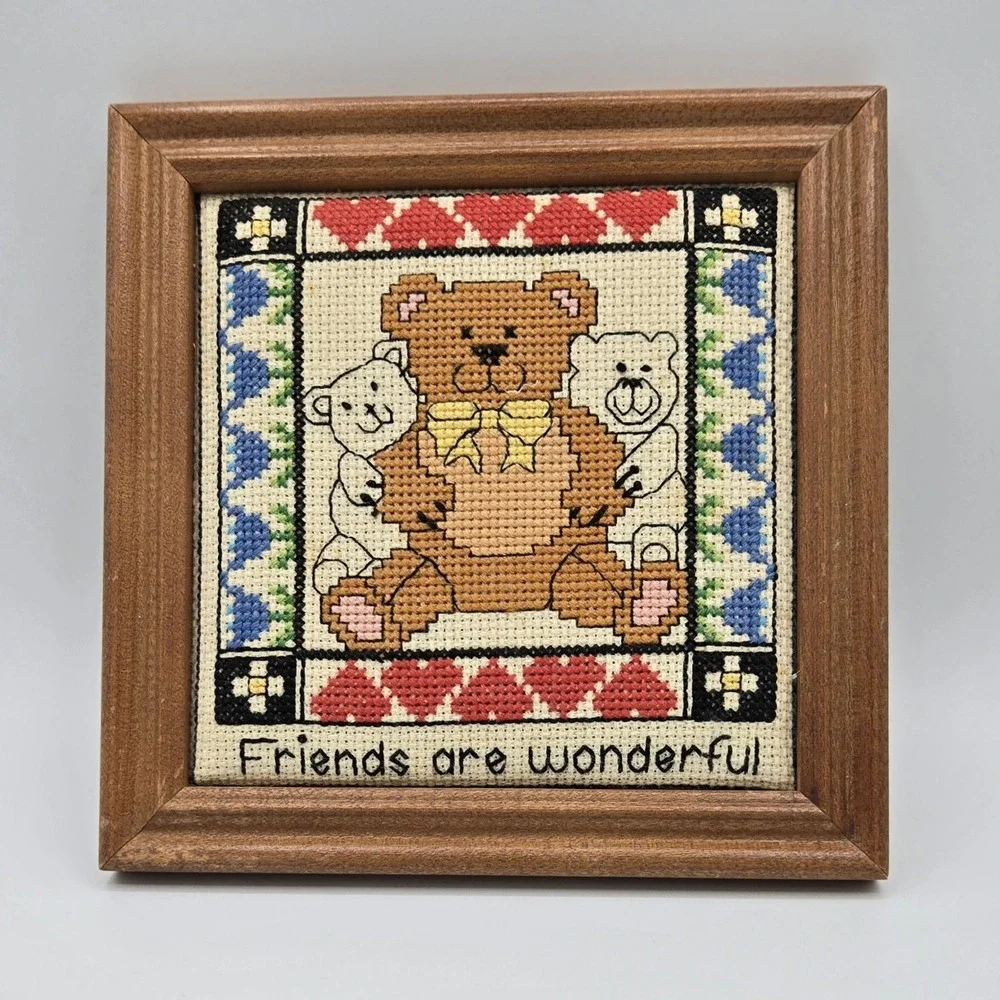 Vintage Framed Cross Stitch Teddy Bears Friends Are Wonderful‎ Wood Frame Art